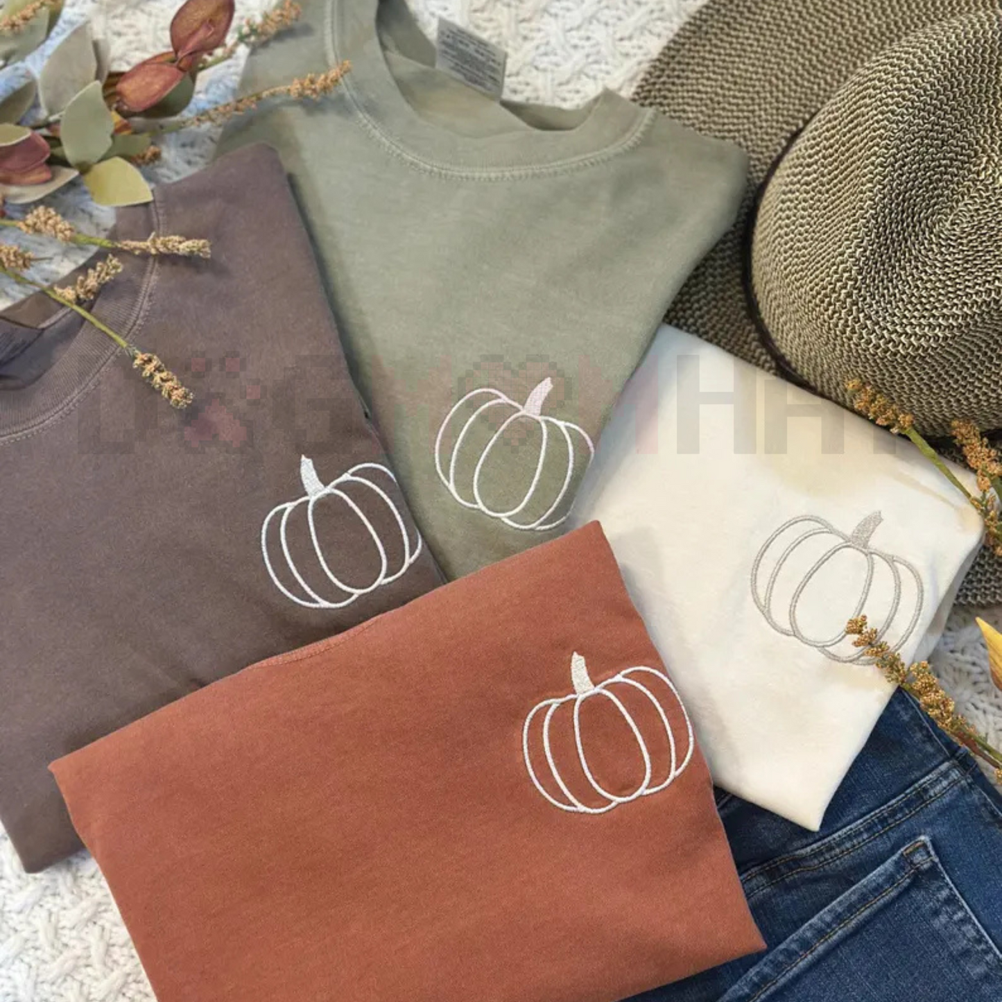 Pumpkin Outline Embroidered Comfort Colors Tee – Simple Minimal Fall Crewneck T-Shirt