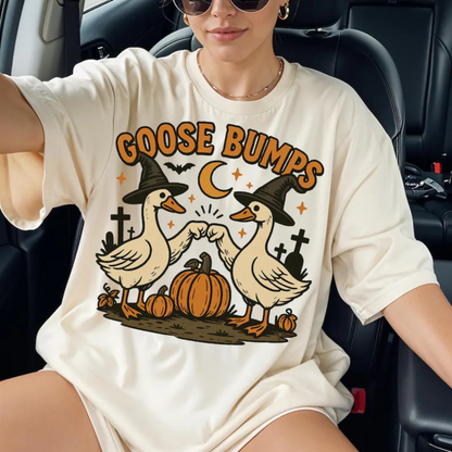 "Goose Bumps" Halloween T-Shirt – Witch Goose Clipart, Cute Halloween Design, Fall Pumpkin Goose Tee