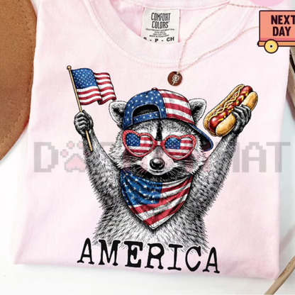 America Raccoon Hot Dog Tee