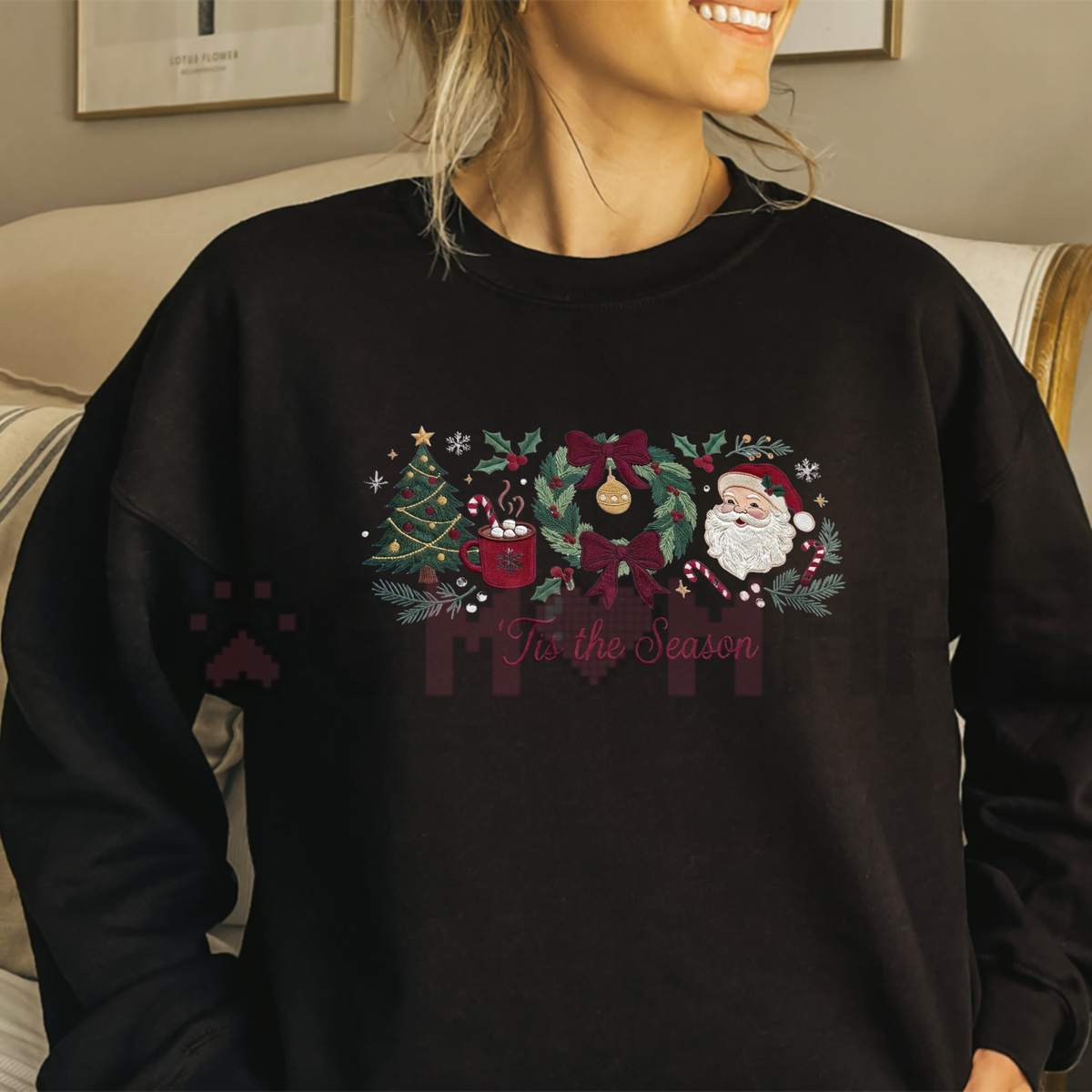 Festive Friction Sweatshirt – Christmas Gingham "Tis The Season" Embroidered Holiday Graphic Crewneck