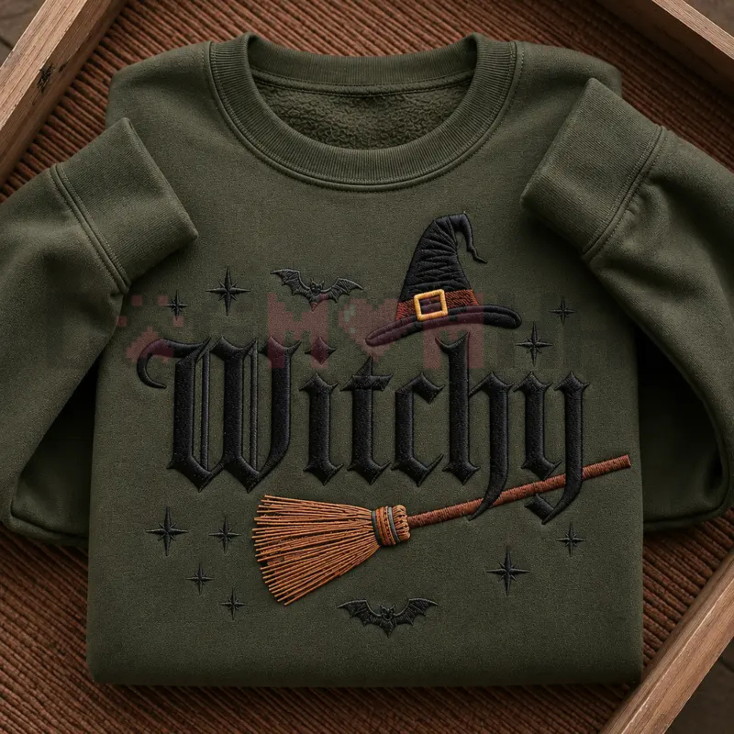 Midnight Broomstick Embroidered Witchy Sweatshirt - Vintage Halloween Bat & Floral Crewneck Pullover