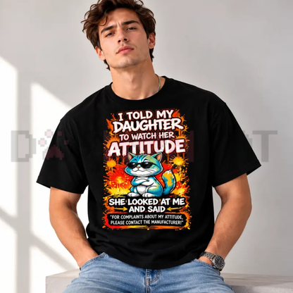 Festive Friction Tee – "I Told My Daughter To Watch Her Attitude" Funny Parenting Cat Graphic T-Shirt