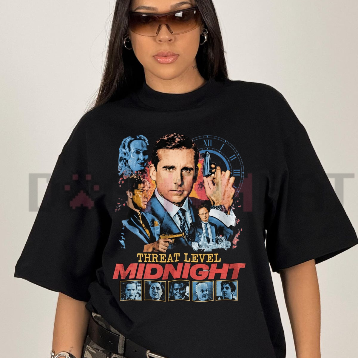 BLACK RABBIT "Threat Level Midnight" Retro Vintage T-Shirt - Oversized Black Office Graphic Tee
