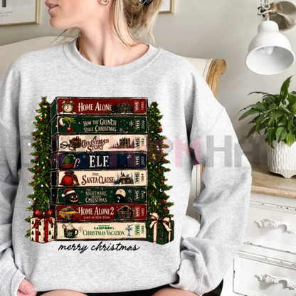 Retro Holiday VHS Tapes Graphic Sweatshirt - Vintage Christmas Movie Night Cotton Blend Unisex Crewneck Pullover