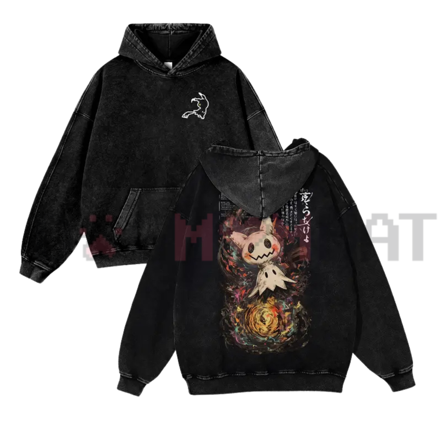 Mimikyu Japanese Ink-Wash Rag Doll Yokai Hoodie - Vintage Washed Y2K Pullover
