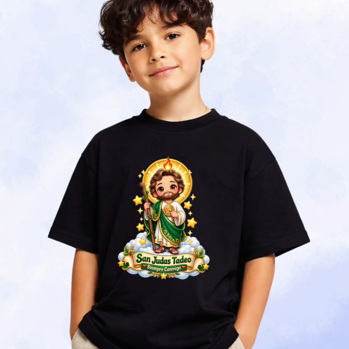 San Judas Tadeo Siempre Conmigo Cute Chibi Cartoon T-Shirt – Kids Graphic Tee