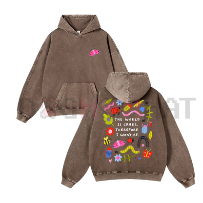 Cute Bug Print Pink Washed Hoodie - "The World Is Cruel" Vintage Graphic