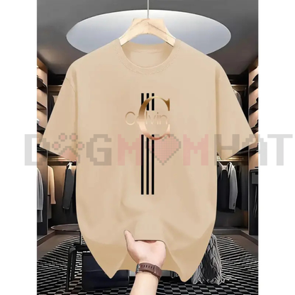 Men's Casual Calvin Print T-Shirt – Black with Gold Stripes Design, Premium Daily Street Style Crew Neck, Breathable Summer Urban Essential