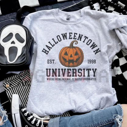 Varsity Halloween Town Campus Pullover - Cozy Ash Grey Pumpkin Crewneck Sweatshirt
