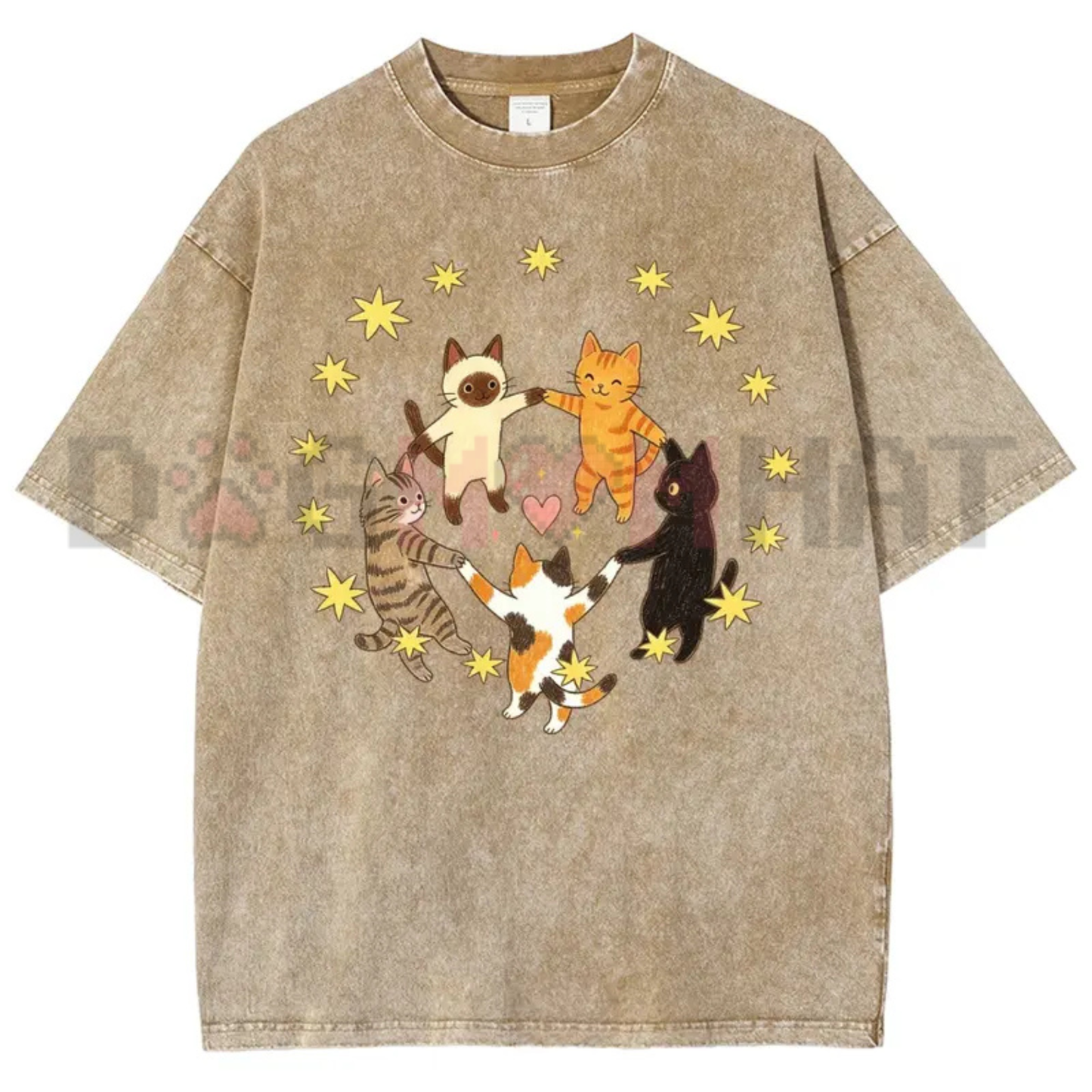 Celestial Feline Circle Vintage Washed Tee - Y2K Cats Holding Hands Star Heart Graphic Cotton Oversized T-Shirt