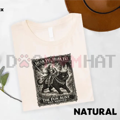 Hear Ye The Fun Aunt Has Arrived Graphic Tee - Funny Knight Riding Black Cat Cotton Unisex T-Shirt