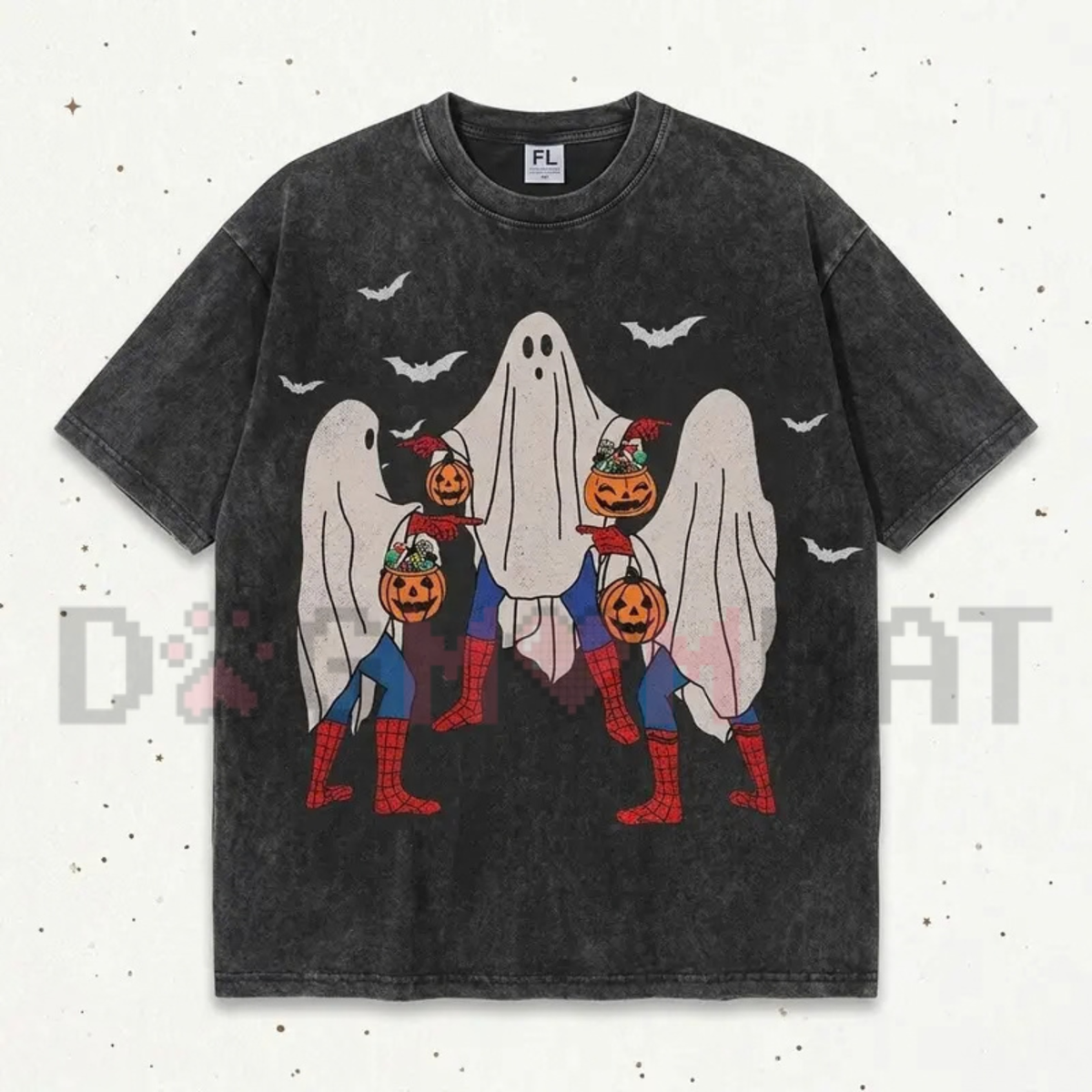 Bedsheet Ghost Pumpkin Vintage Washed Halloween Graphic T-Shirt