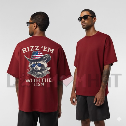 Patriotic Rizz ’Em With The ’Tism T-Shirt - Cool Raccoon Sunglasses & Cowboy Hat Graphic Tee