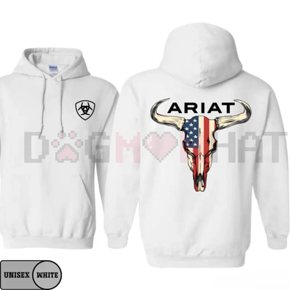 Ariat-Inspired American Flag Bull Skull Hoodie – Unisex Western Cowboy Pullover