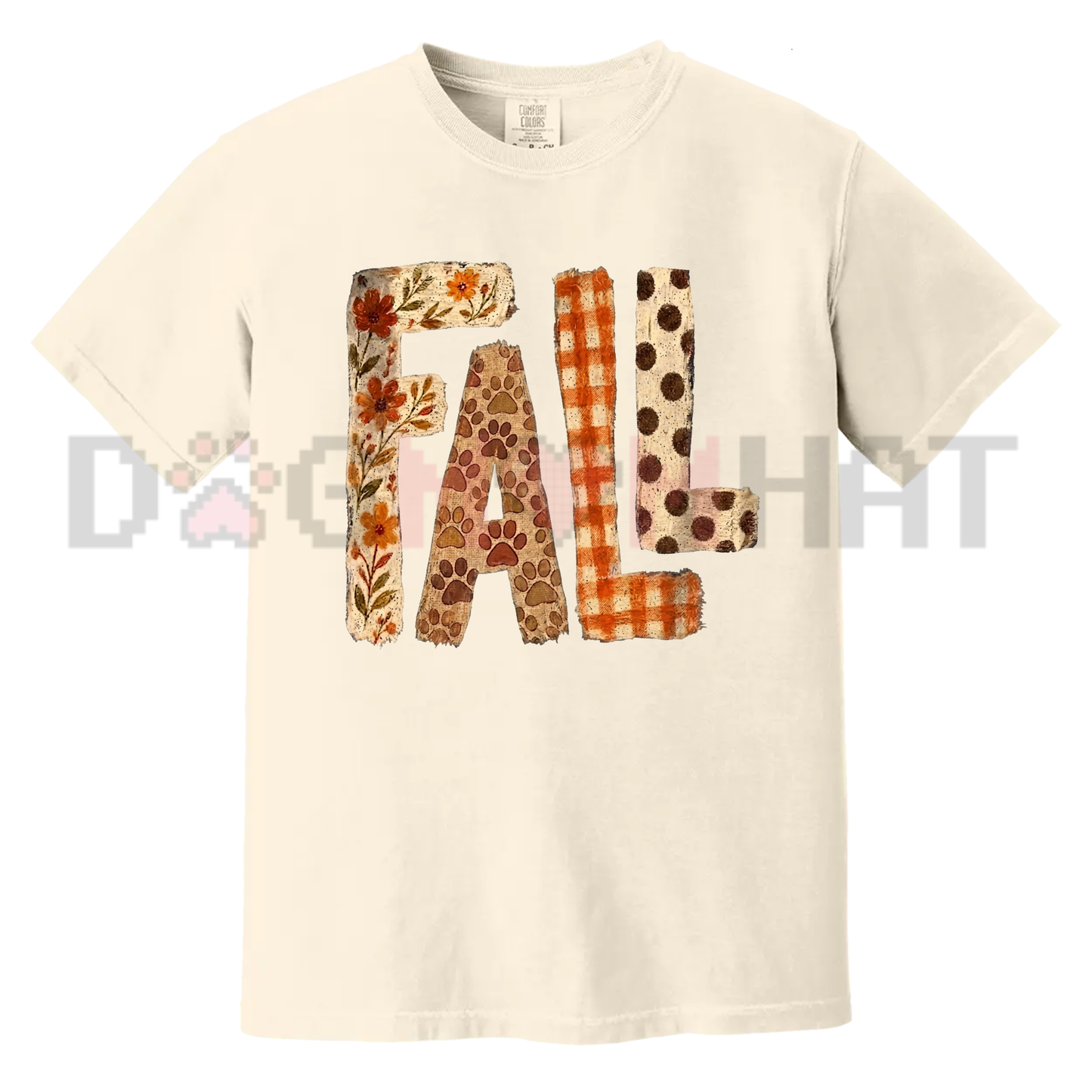 Autumn Patchwork Paw Comfort Colors Tee - Cute Floral Pumpkin Season Shirt for Women