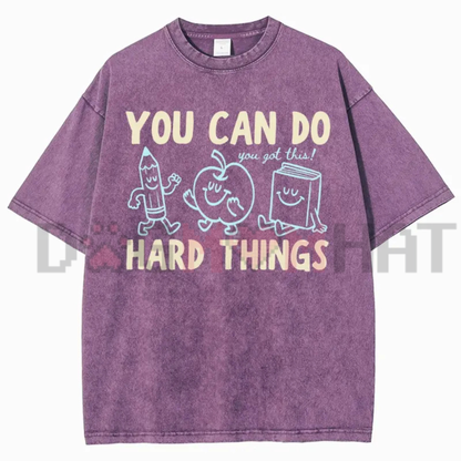'You Can Do Hard Things' Vintage Washed T-Shirt - Retro Doodles Motivational Teacher Tee