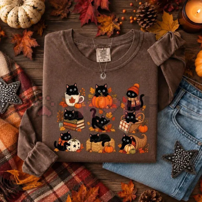 Comfort Colors® Black Cat Fall T-Shirt - Cozy Autumn Pumpkin Kitty Apparel