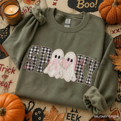 "Gingham Spooky Ghost" Cozy Fall Graphic Sweatshirt
