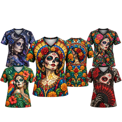 Parke Horizon Top – Women's Día de los Muertos La Catrina Stained Glass V-Neck Sports Top
