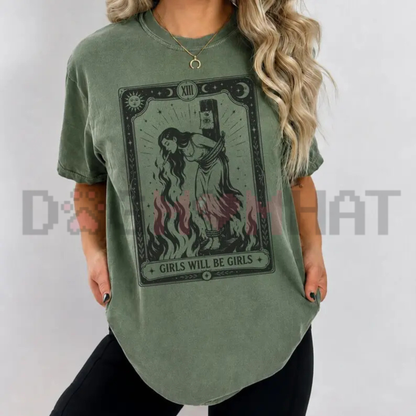 Comfort Colors Girls Will Be Girls Witch Graphic T-Shirt - Feminist Halloween & Cigarette Art Tee