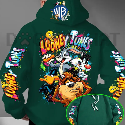 Warner Bros. Men's Looney Tunes Back Print Hoodie - Casual Loose-Fit Streetwear Pullover