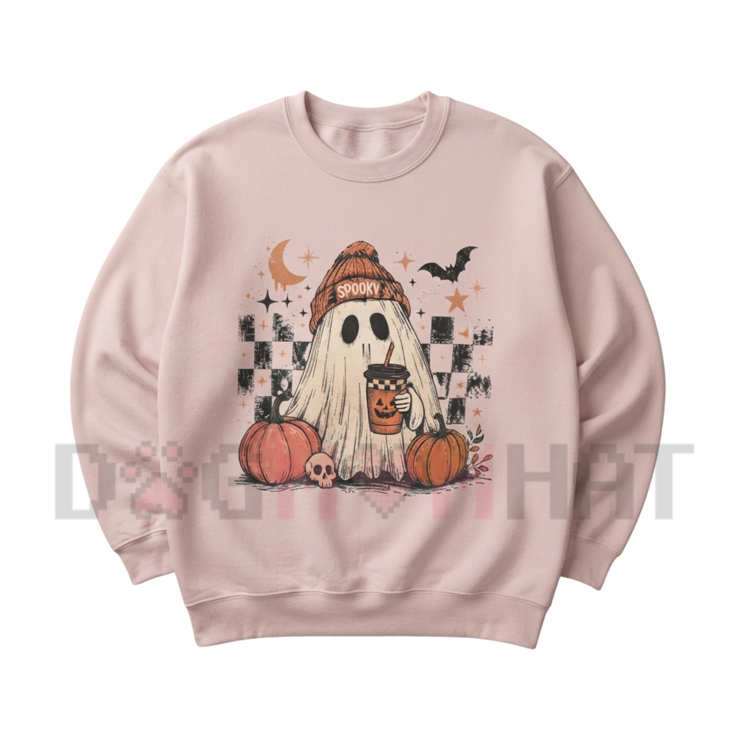 Spooky Grid Ghost Checkerboard Pullover - Cozy Retro Autumn Crewneck Sweatshirt