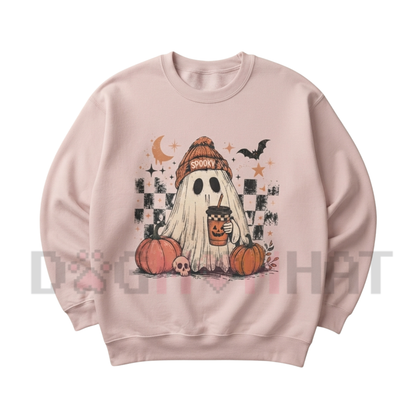 Spooky Grid Ghost Checkerboard Pullover - Cozy Retro Autumn Crewneck Sweatshirt