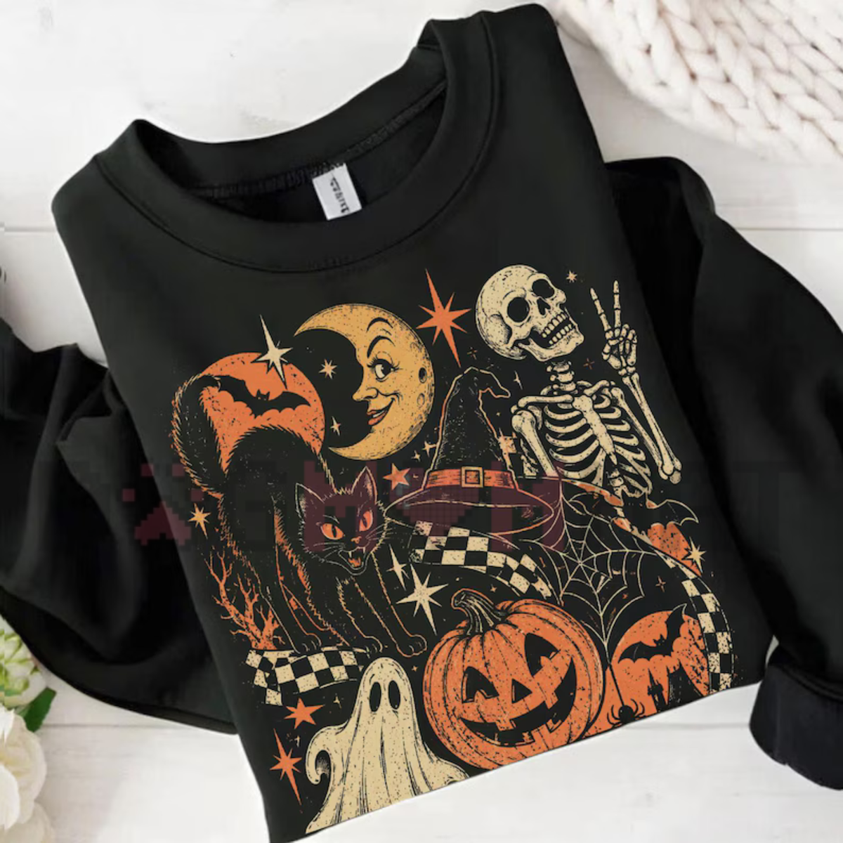 "Retro Vintage Black Cat Ghost Skeleton" Spooky Cute Halloween Sweatshirt