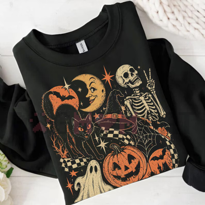 "Retro Vintage Black Cat Ghost Skeleton" Spooky Cute Halloween Sweatshirt