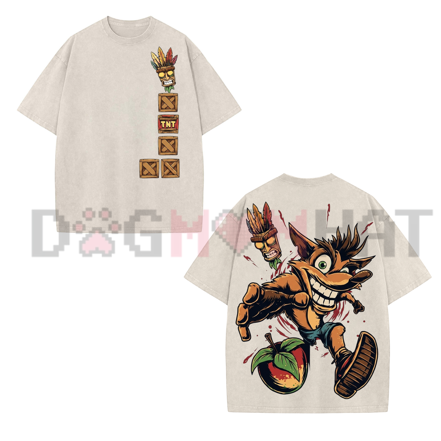 Men's Vintage 90s Crash Bandicoot Oversized Heavyweight Cotton T-Shirt - Aku Aku Mask Graphic Tee
