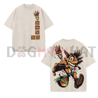 Men's Vintage 90s Crash Bandicoot Oversized Heavyweight Cotton T-Shirt - Aku Aku Mask Graphic Tee