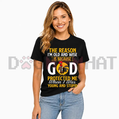 "God Protected Me" Christian Faith Humor T-Shirt - Old & Wise Quote Black Cotton Blend Top