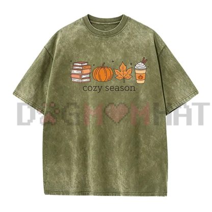Comfort Colors® Cozy Season Fall Graphic T-Shirt - Books, Pumpkins & Autumn Latte Tee