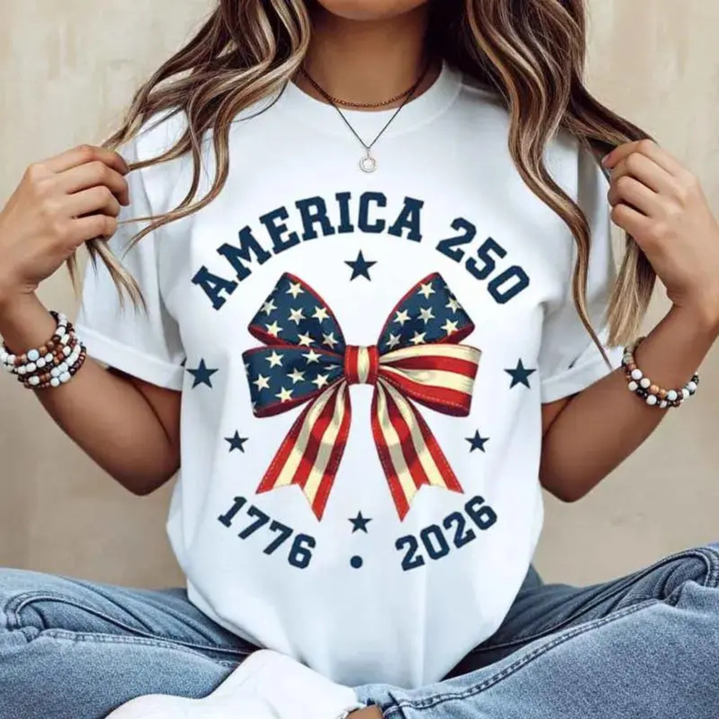 America 250 Stars and Stripes Bow T-Shirt – Coquette Patriotic Graphic Tee