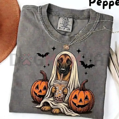 Spooky Boba Barkers Pepper Comfort Colors Tee - Cute Ghost Dog Breeds Bubble Tea Halloween Unisex Cotton Shirt