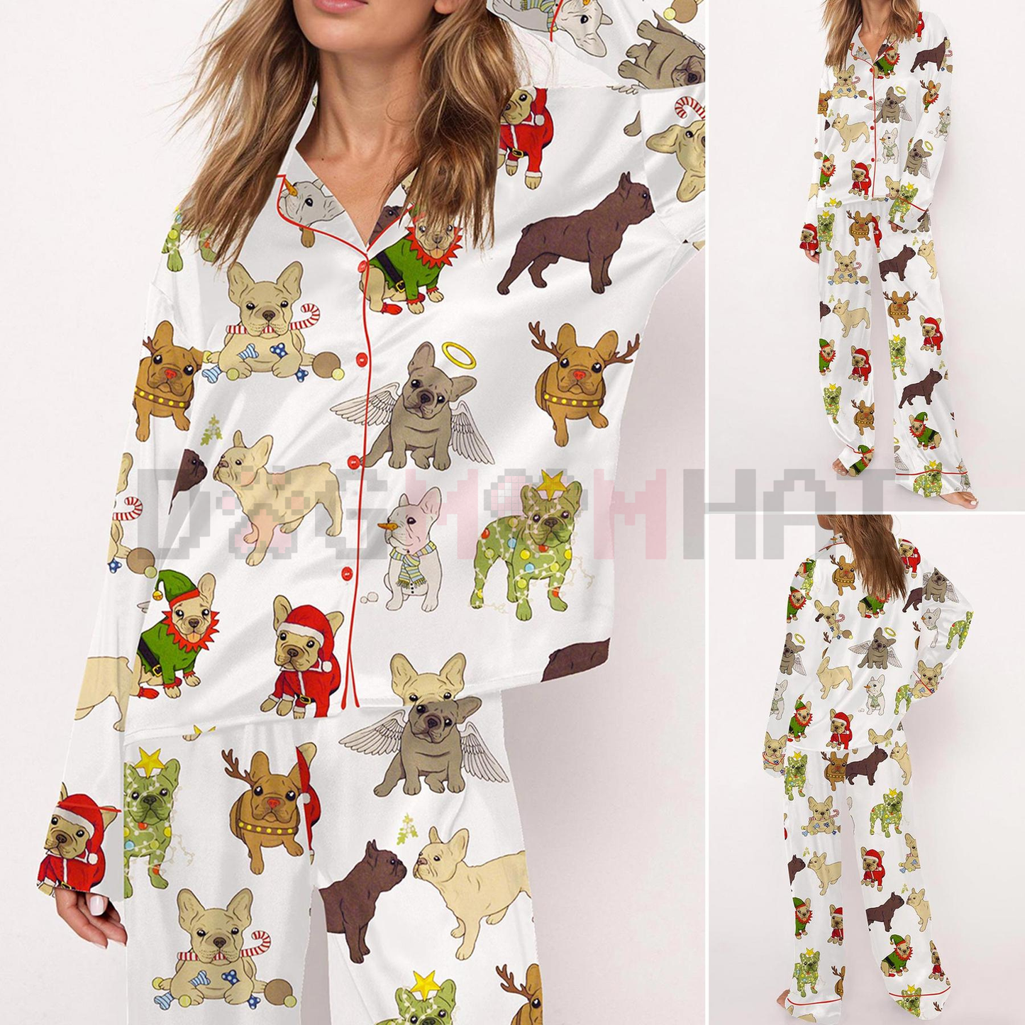 Christmas French Bulldog Satin Pajama Set For Women – Comfy Satin Sleepwear & Loungewear Pjs
