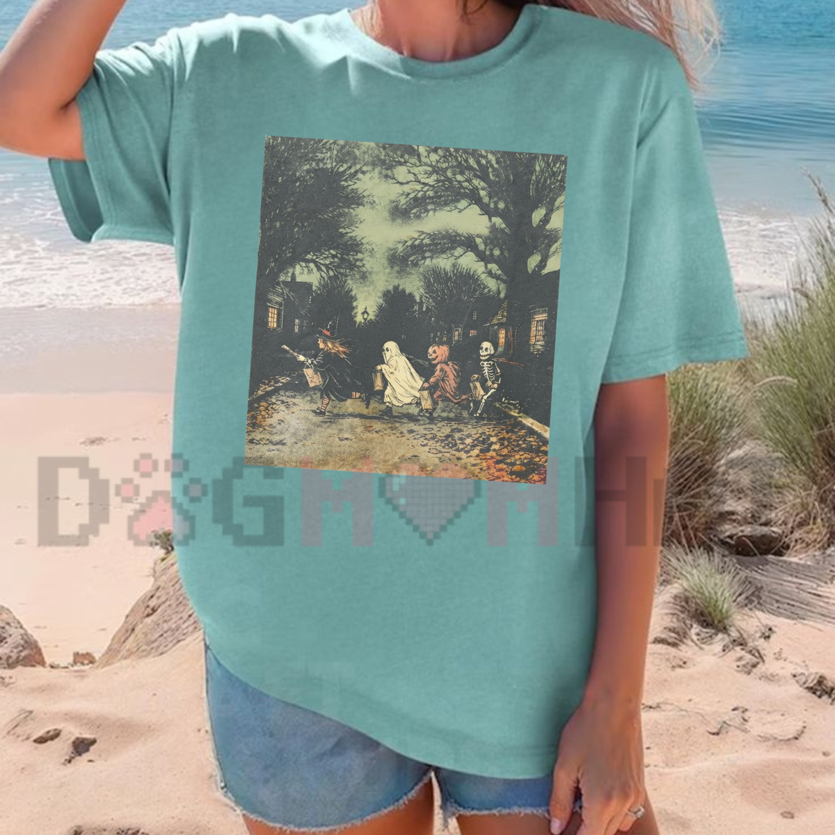 "Vintage Gothic Witch Skeleton & Ghost Pumpkin" Dark Fantasy T-Shirt