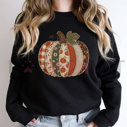 Faux Patchwork Fall Pumpkin Sweatshirt - Autumn Thanksgiving Crewneck Sweater