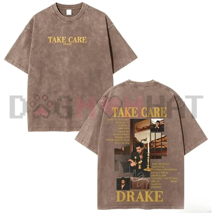 Drake Take Care Vintage Acid Wash Graphic Tee - Retro Y2K Rap Music Oversized Streetwear Unisex T-Shirt & Vest