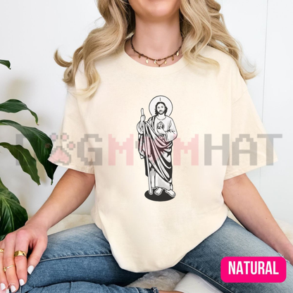 Saint Judas Tadeo Religious Graphic Tee - White Black Catholic Faith Cotton Unisex Cuello Redondo T-Shirt