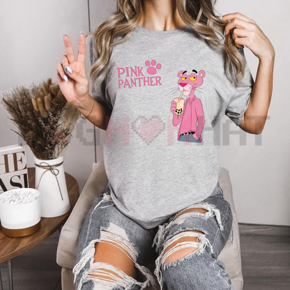 Pink Panther Boba Bliss Graphic Tee - Cute Cartoon Bubble Tea Unisex Pure Cotton Shirt