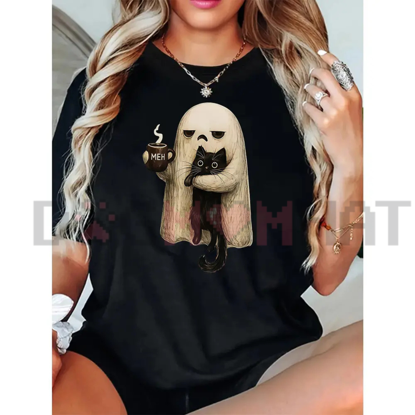 "Ghost Cat & Coffee" Spooky Halloween T-Shirt - Cute Black Cat Coffee Lover Graphic Tee