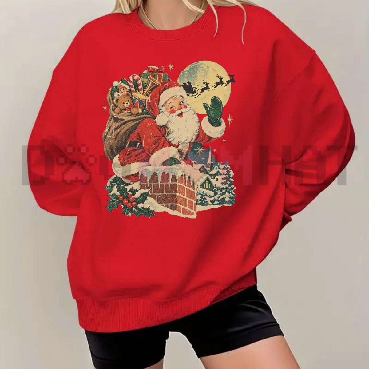 Festive Friction Crewneck – Vintage Santa Chimney & Reindeer Holiday Graphic Sweatshirt