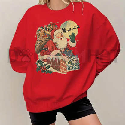 Festive Friction Crewneck – Vintage Santa Chimney & Reindeer Holiday Graphic Sweatshirt