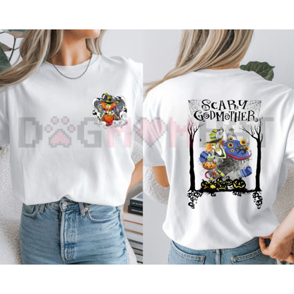 Spooky Realm Halloween Front & Back Graphic Tee - Nostalgic Cartoon Witch & Pumpkin Cotton Shirt