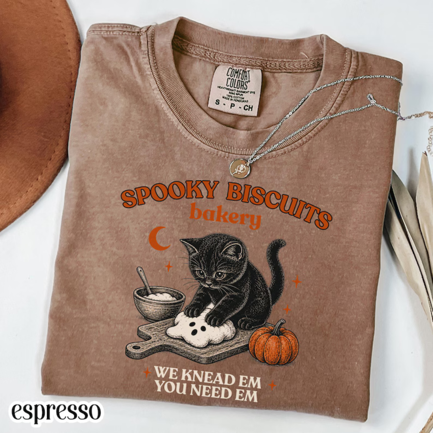 "Kitty Biscuits" Vintage Pumpkin & Black Cat T-Shirt - Fall & Spooky Season Graphic Tee