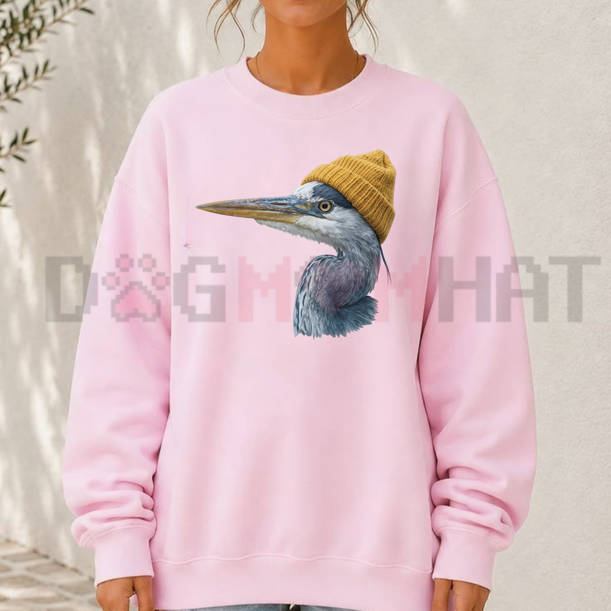 Festive Friction Sweatshirt – Retro 90s Great Blue Heron Wearing Beanie Vintage Birdwatching Crewneck