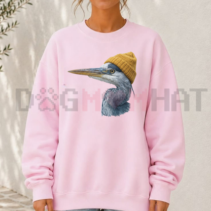 Festive Friction Sweatshirt – Retro 90s Great Blue Heron Wearing Beanie Vintage Birdwatching Crewneck