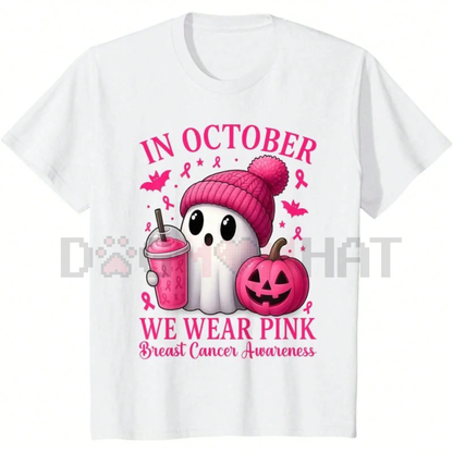 "In October We Wear Pink Breast" Cancer Awareness Tee – Cute Ghost & Pumpkin Graphic Print Shirt, Unisex Halloween Tops
