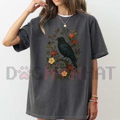 "Vintage Gothic Raven & Floral" Graphic T-Shirt